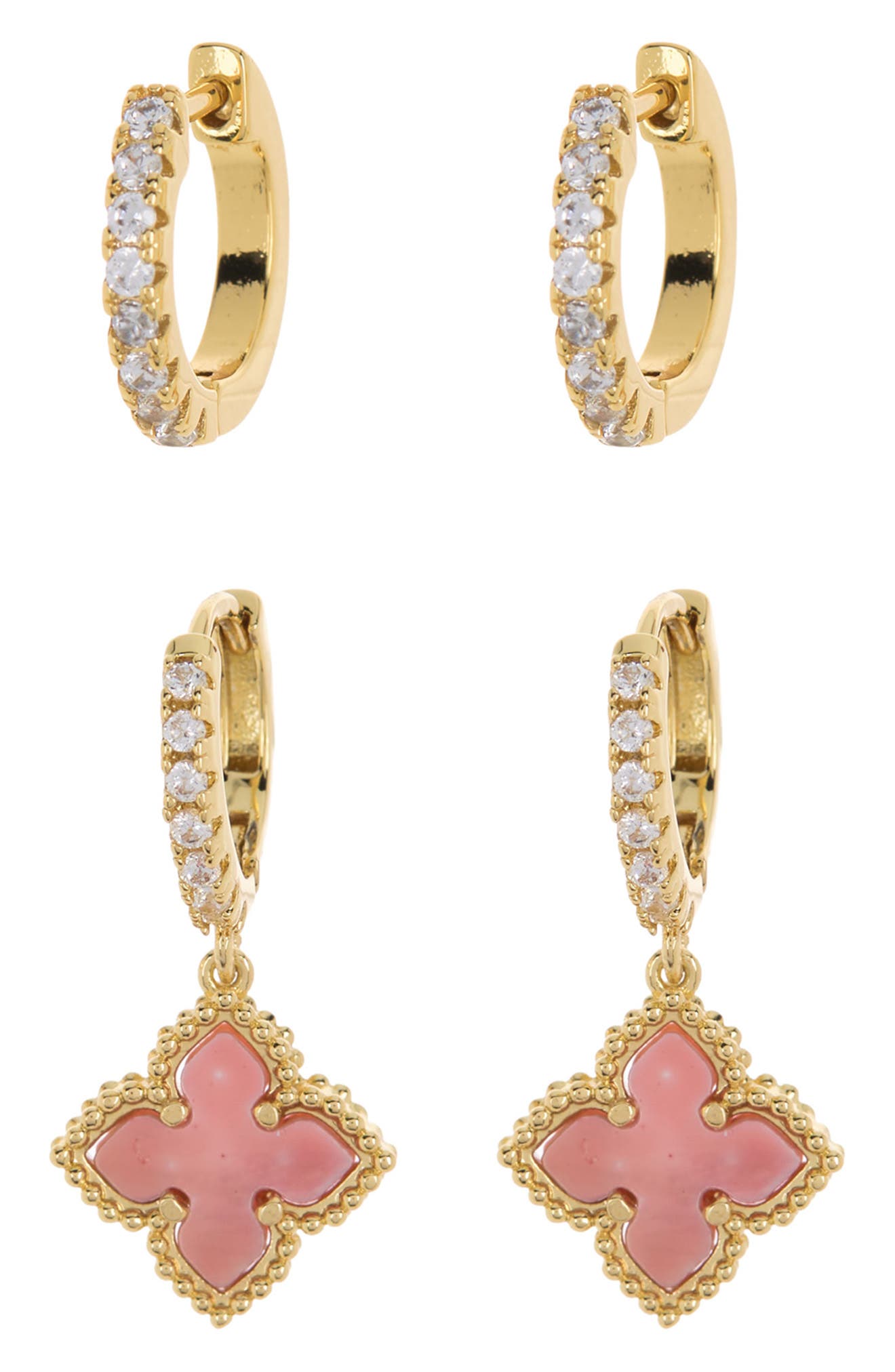 Adornia Swarovski Crystal Huggie Mother-of-Pearl Quatrefoil Drop Earrings Set