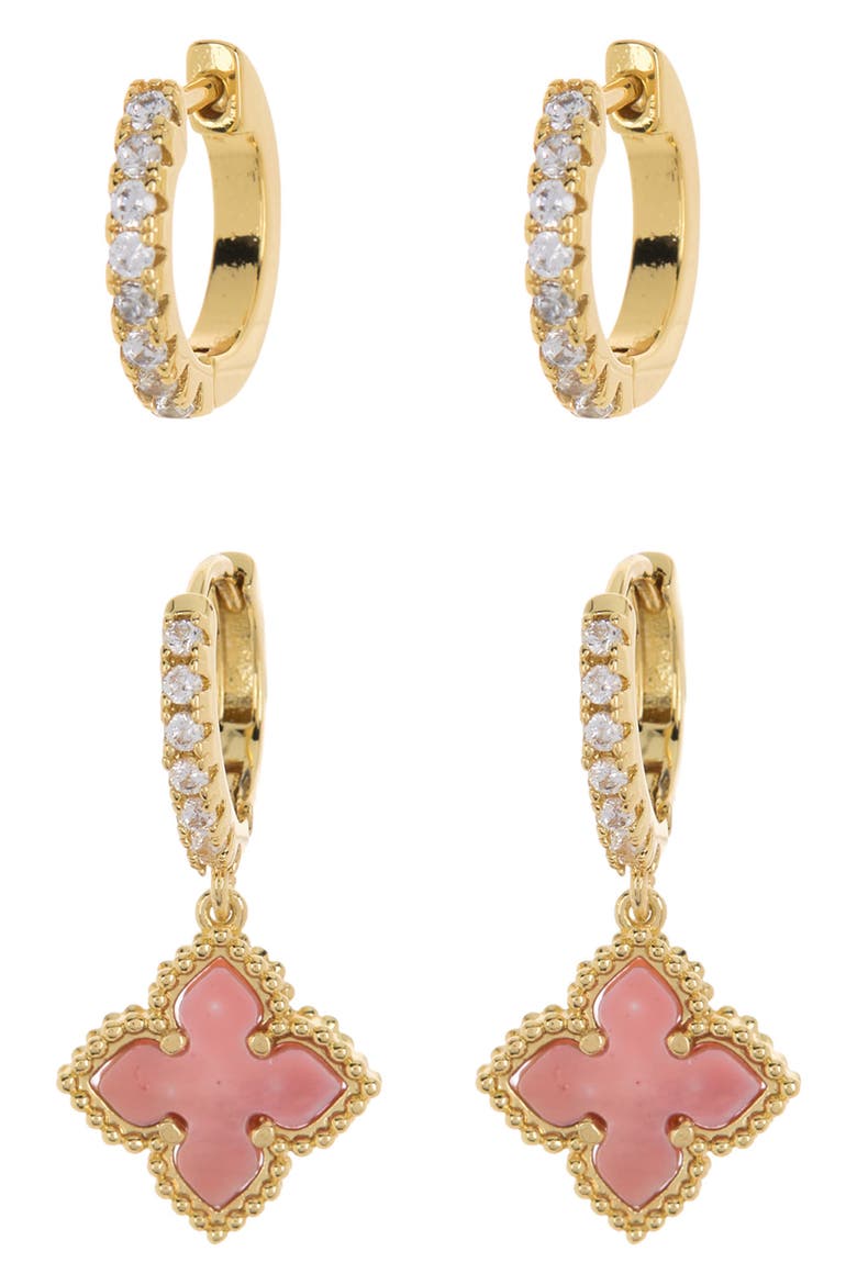 Swarovski Crystal Huggie Mother-of-Pearl Quatrefoil Drop Earrings Set, Main, color, PINK