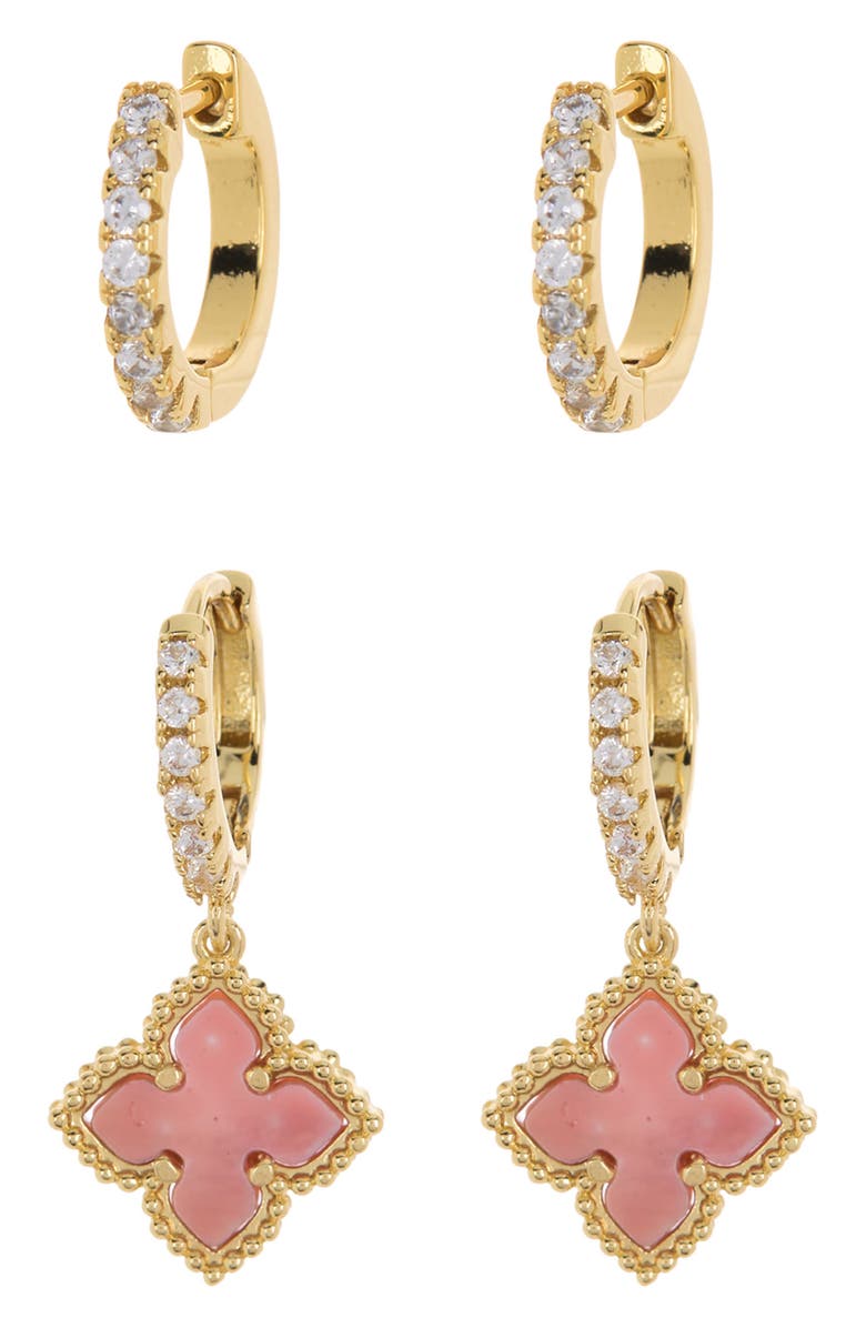 Adornia Swarovski Crystal Huggie Mother-of-Pearl Quatrefoil Drop Earrings Set, Main, color, Pink