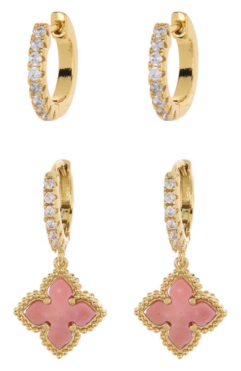 Swarovski Crystal Huggie Mother-of-Pearl Quatrefoil Drop Earrings Set