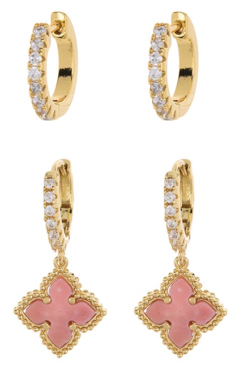 Swarovski Crystal Huggie Mother-of-Pearl Quatrefoil Drop Earrings Set