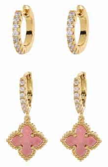 Adornia Swarovski Crystal Huggie Mother-of-Pearl Quatrefoil Drop Earrings Set