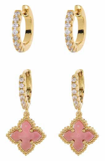Swarovski Crystal Huggie Mother-of-Pearl Quatrefoil Drop Earrings Set