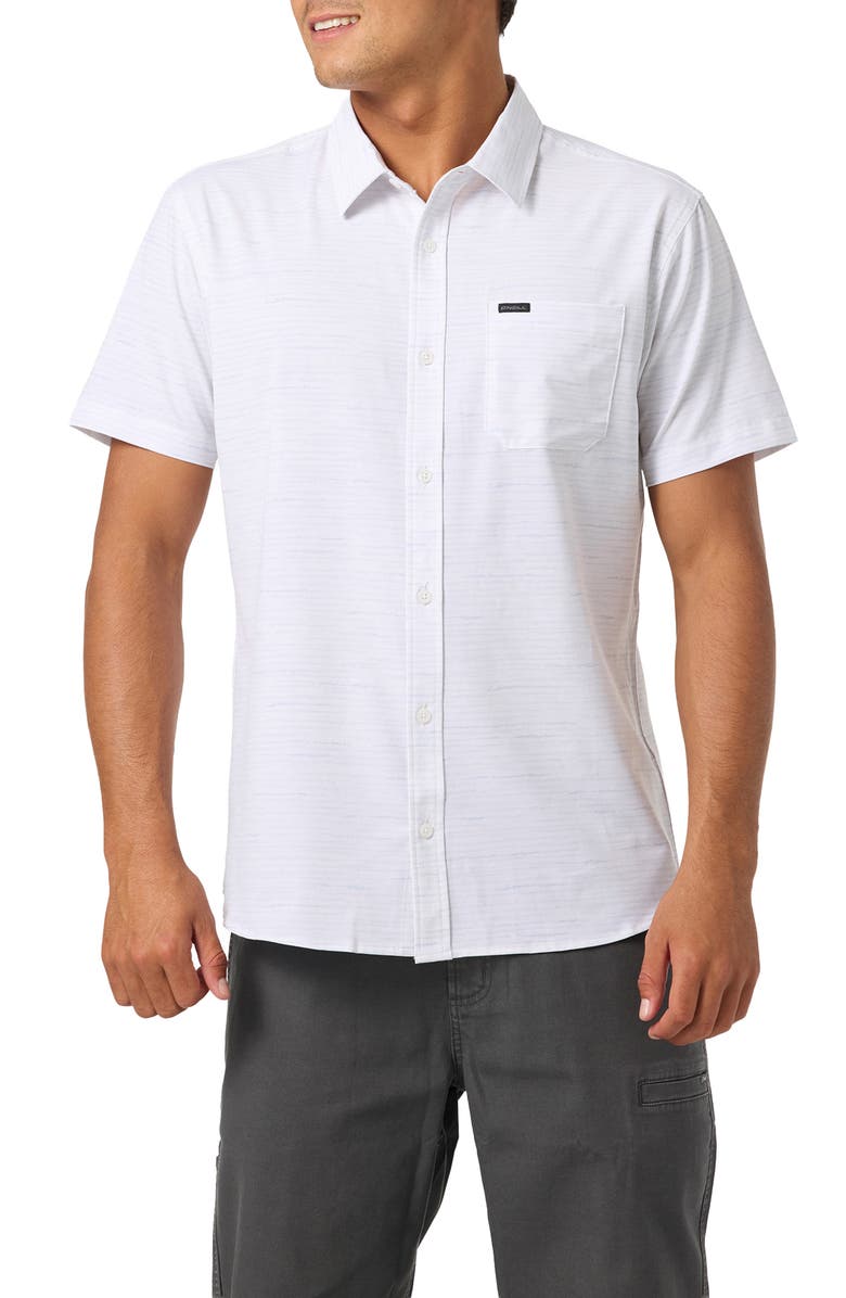 O'Neill Standard Fit TRVLR Traverse Stripe Short Sleeve Performance Button-Up Shirt, Main, color, Tofu