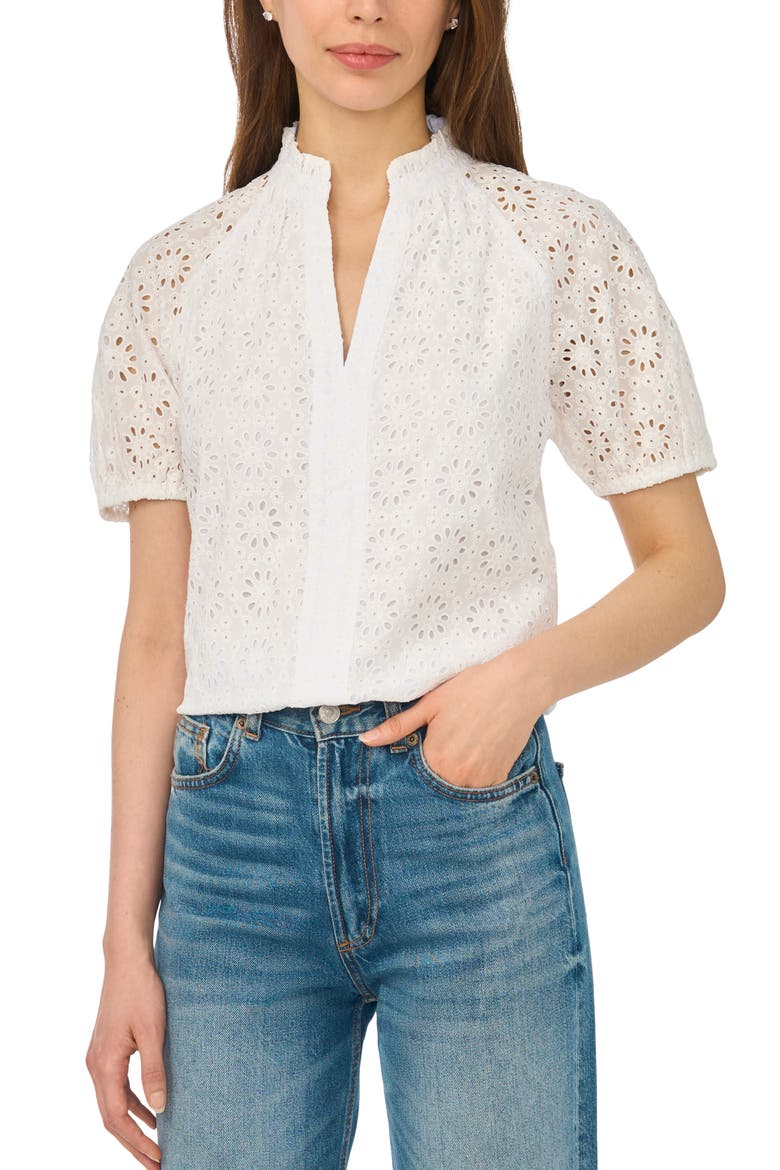 Broderie Anglaise Ruffle Spilt Neck Top, Main, color, ULTRA WHITE