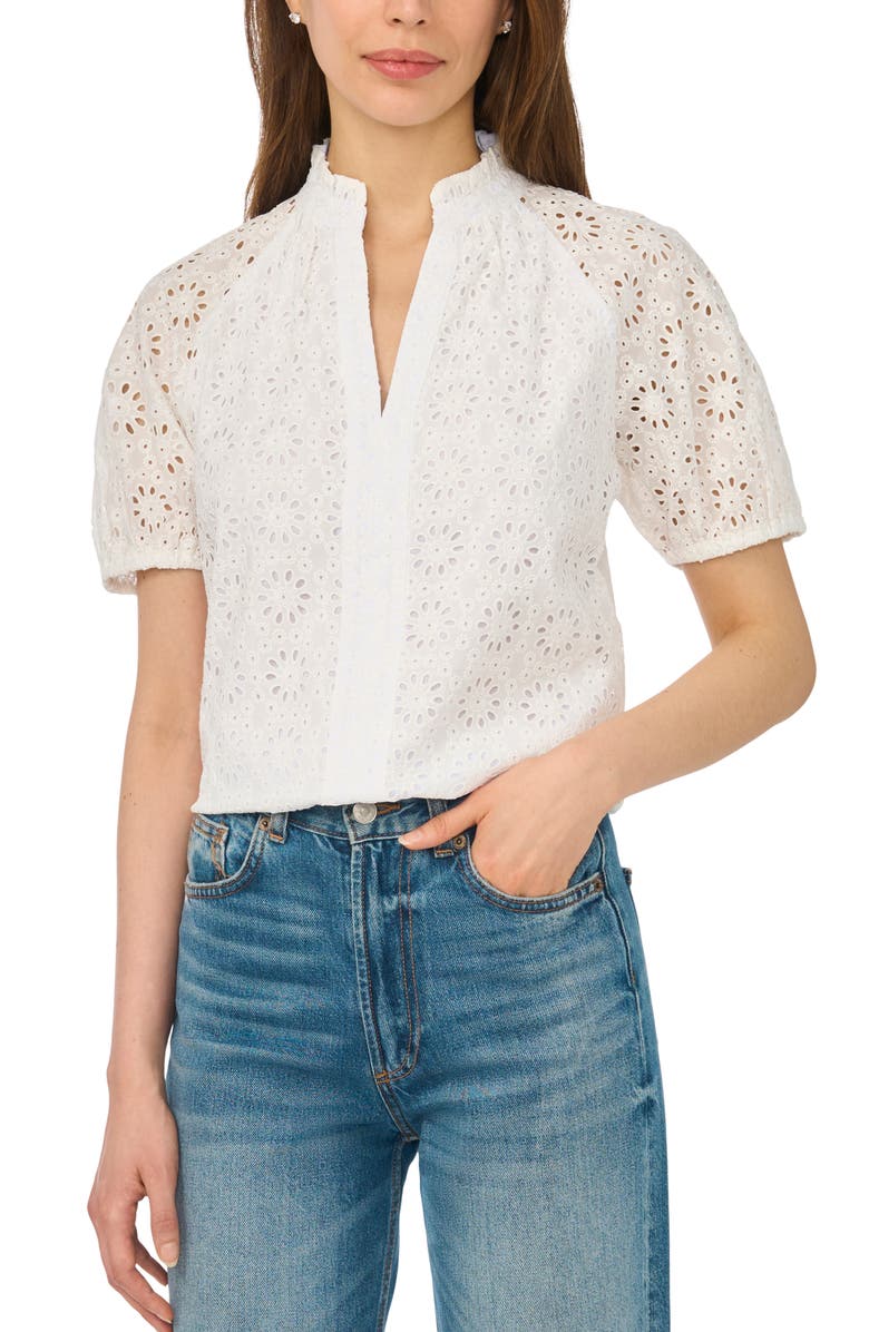 CeCe Broderie Anglaise Ruffle Spilt Neck Top, Main, color, Ultra White
