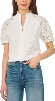 CeCe Broderie Anglaise Ruffle Spilt Neck Top