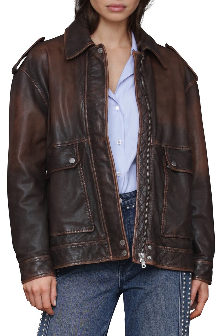 Pieced Back Leather Bomber Jacket, Main, color, BURNISHED BROWN