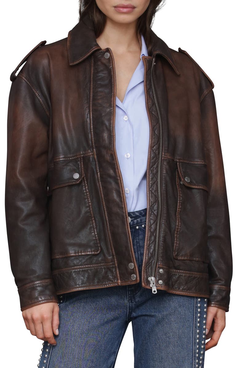 Avec Les Filles Pieced Back Leather Bomber Jacket, Main, color, Burnished Brown