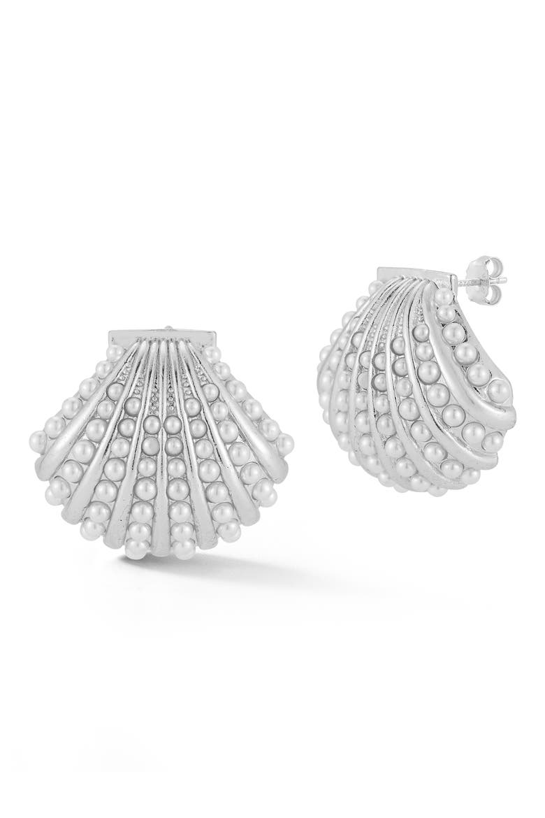 Faux Pearl Shell Stud Earrings, Main, color, SILVER