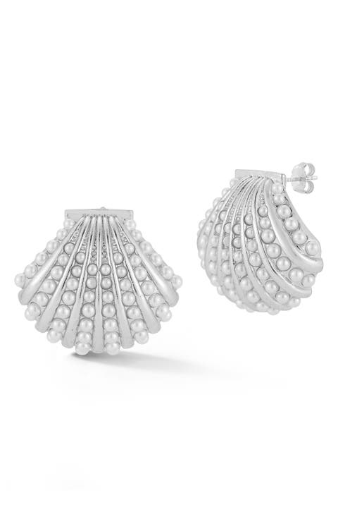 Faux Pearl Shell Stud Earrings