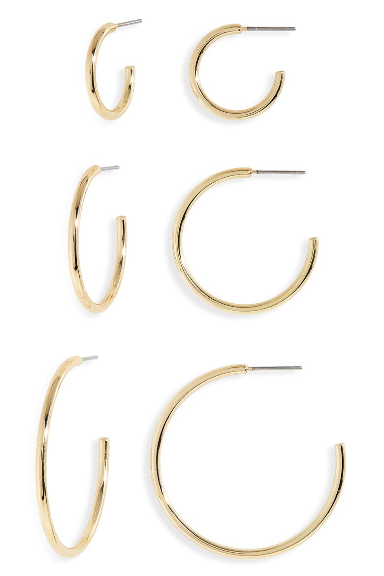 Set of 3 Wire Hoop Earrings, Main, color, GOLD
