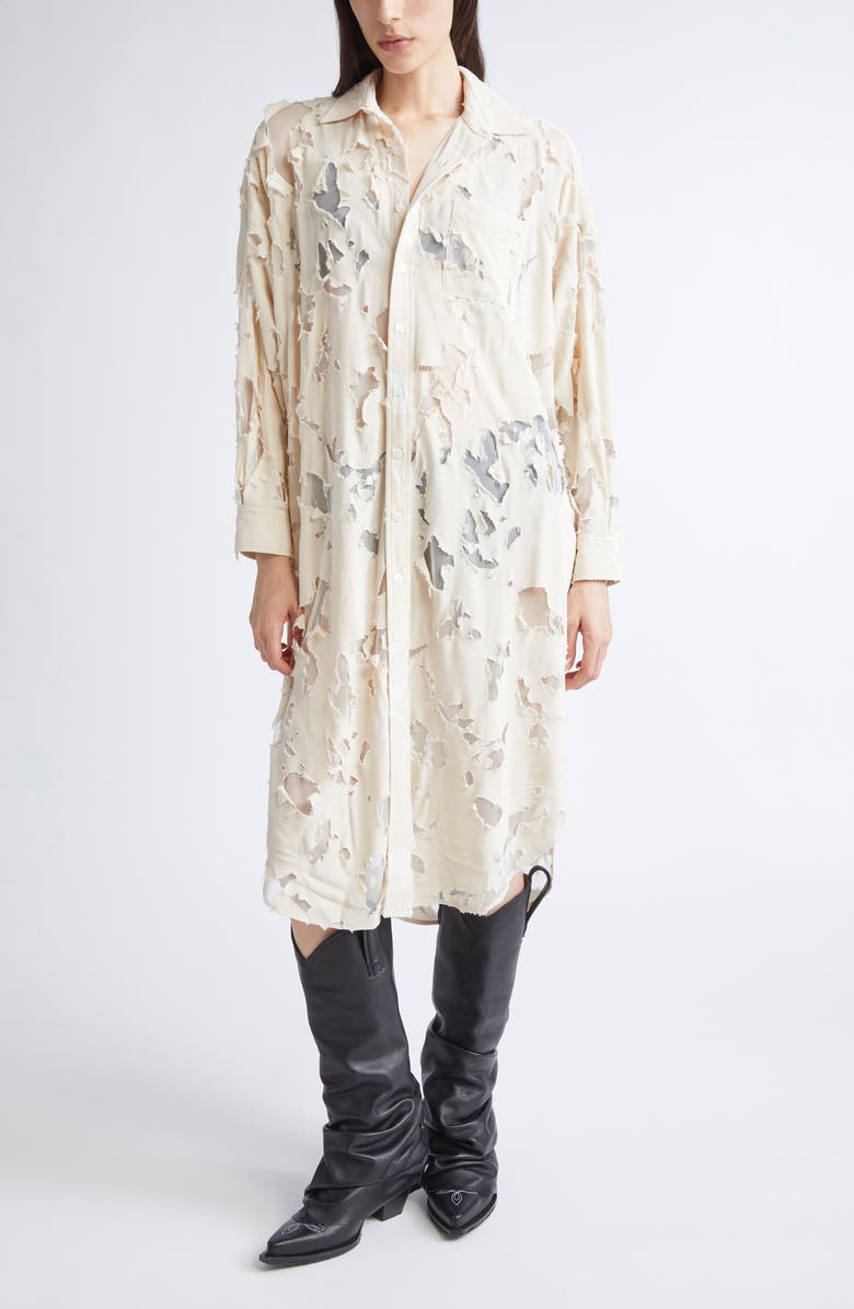 R13 Long Sleeve Burnout Jumbo Shirtdress, Main, color, Ivory