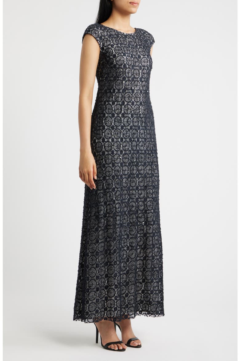 Crochet Bateau Neck A-line Gown, Alternate, color, BLACK 001