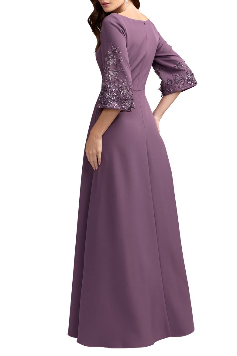 Crepe Gown With Floral Embellished Sleeves, Alternate, color, Eggplant