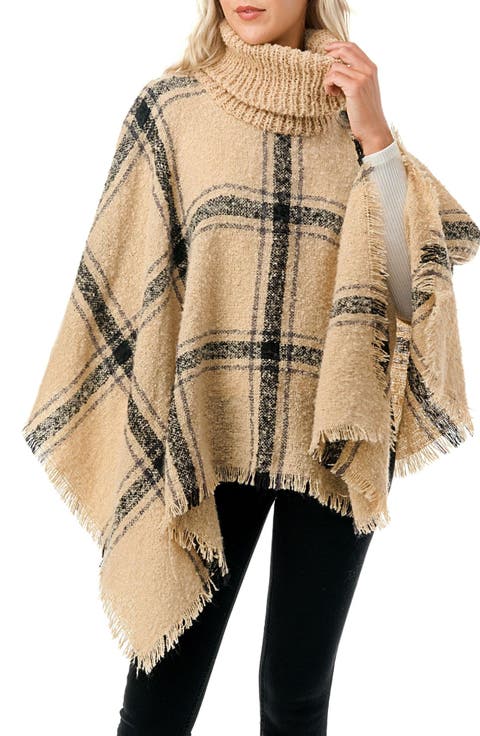 Fringe Plaid Turtleneck Poncho