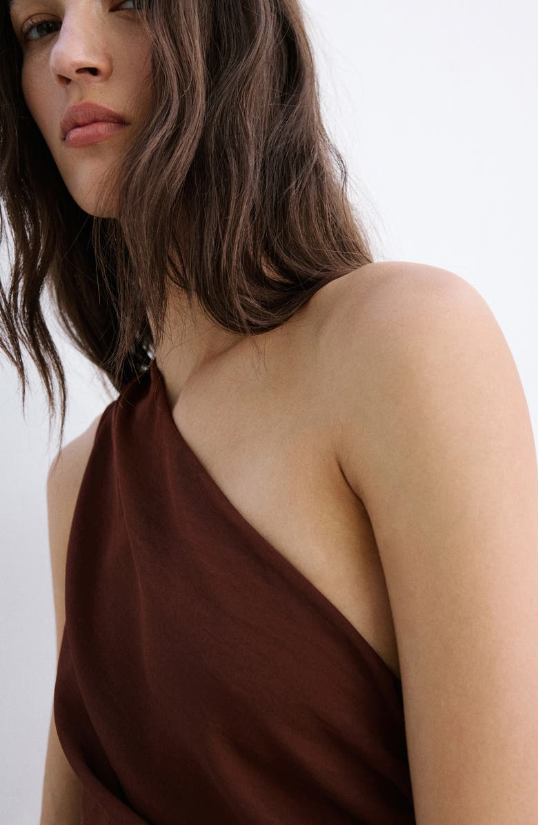 MANGO Scarf Neck One-Shoulder Dress, Alternate, color, Brown