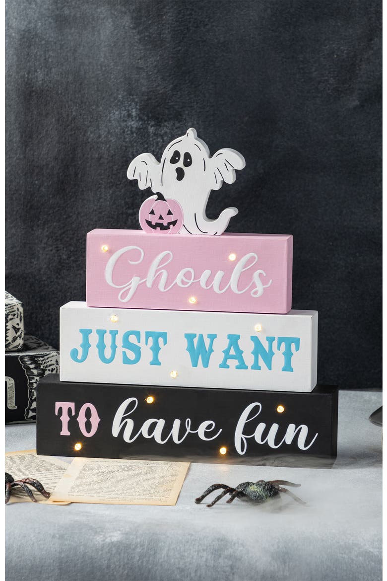 Halloween Lighted Pink Wooden Ghost Block Word Sign, Alternate, color, Pink