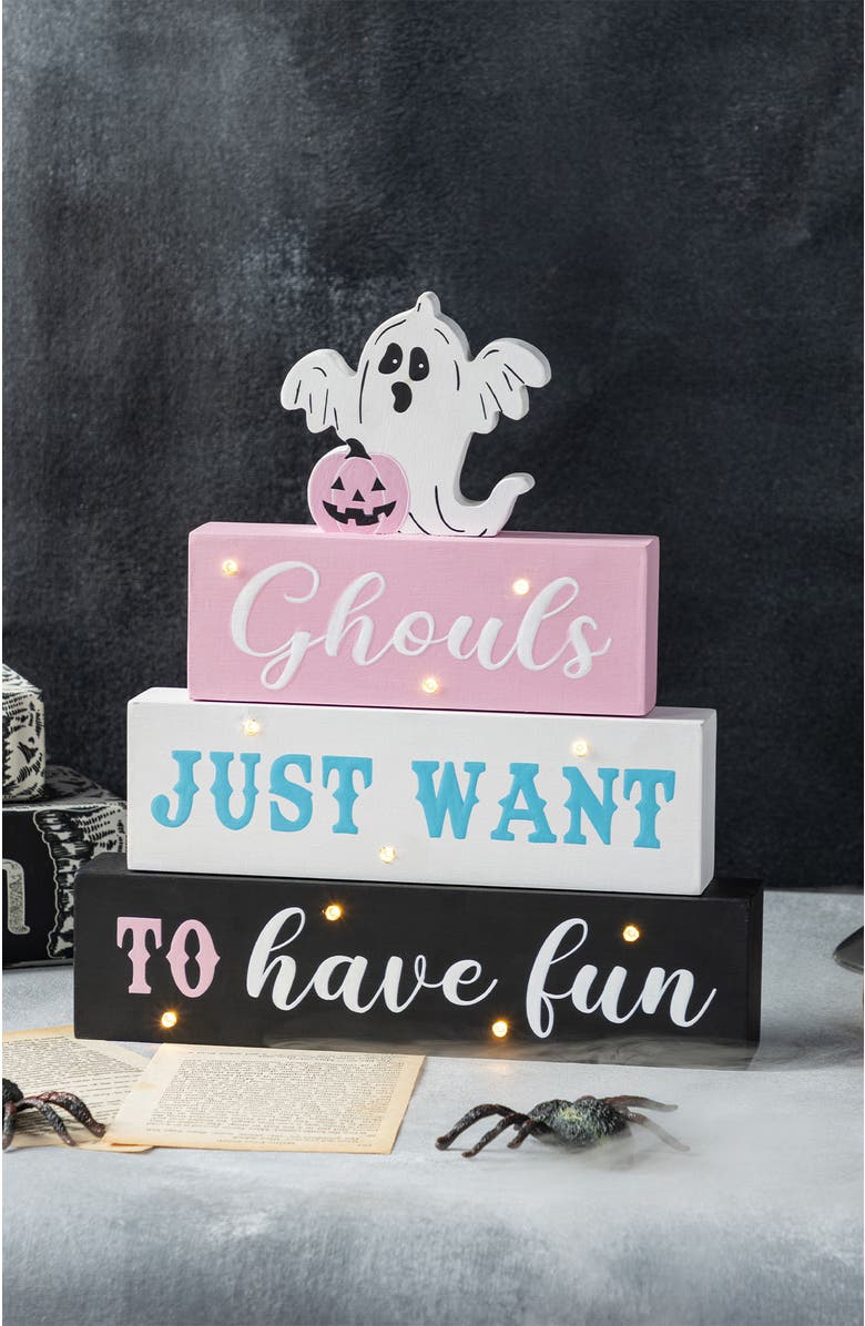 Glitzhome Halloween Lighted Pink Wooden Ghost Block Word Sign, Alternate, color, Pink