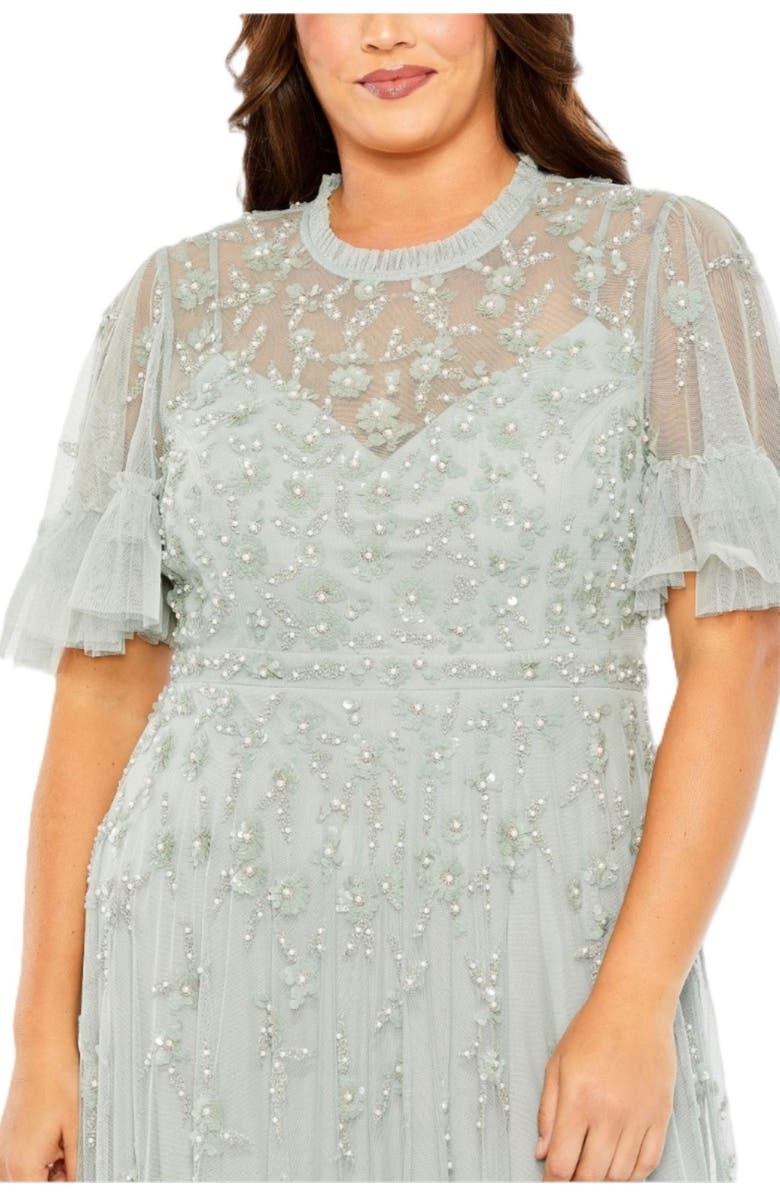 Mac Duggal Rufflered Floral Embellished Flutter Sleeve A Line, Alternate, color, Sage