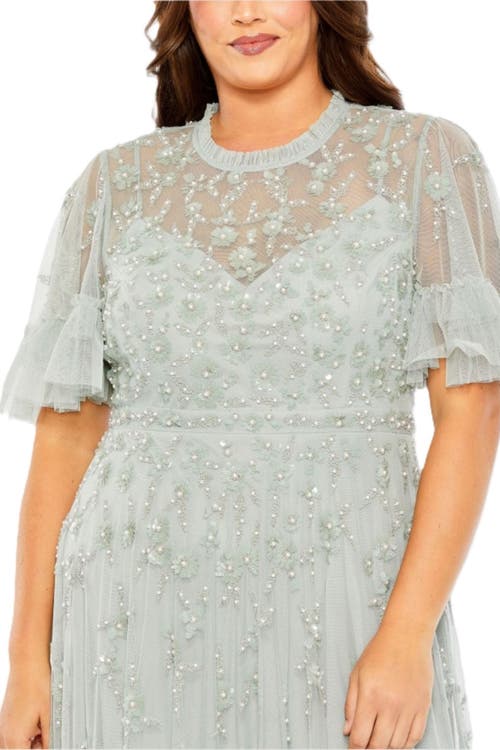 Mac Duggal Ruffled Floral Embellished Flutter Sleeve A Line Gown In Sage