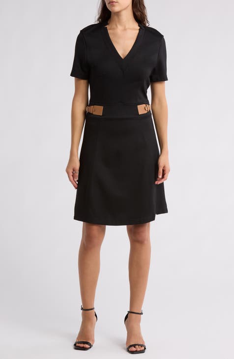 Belted Short Sleeve Fit & Flare Dress