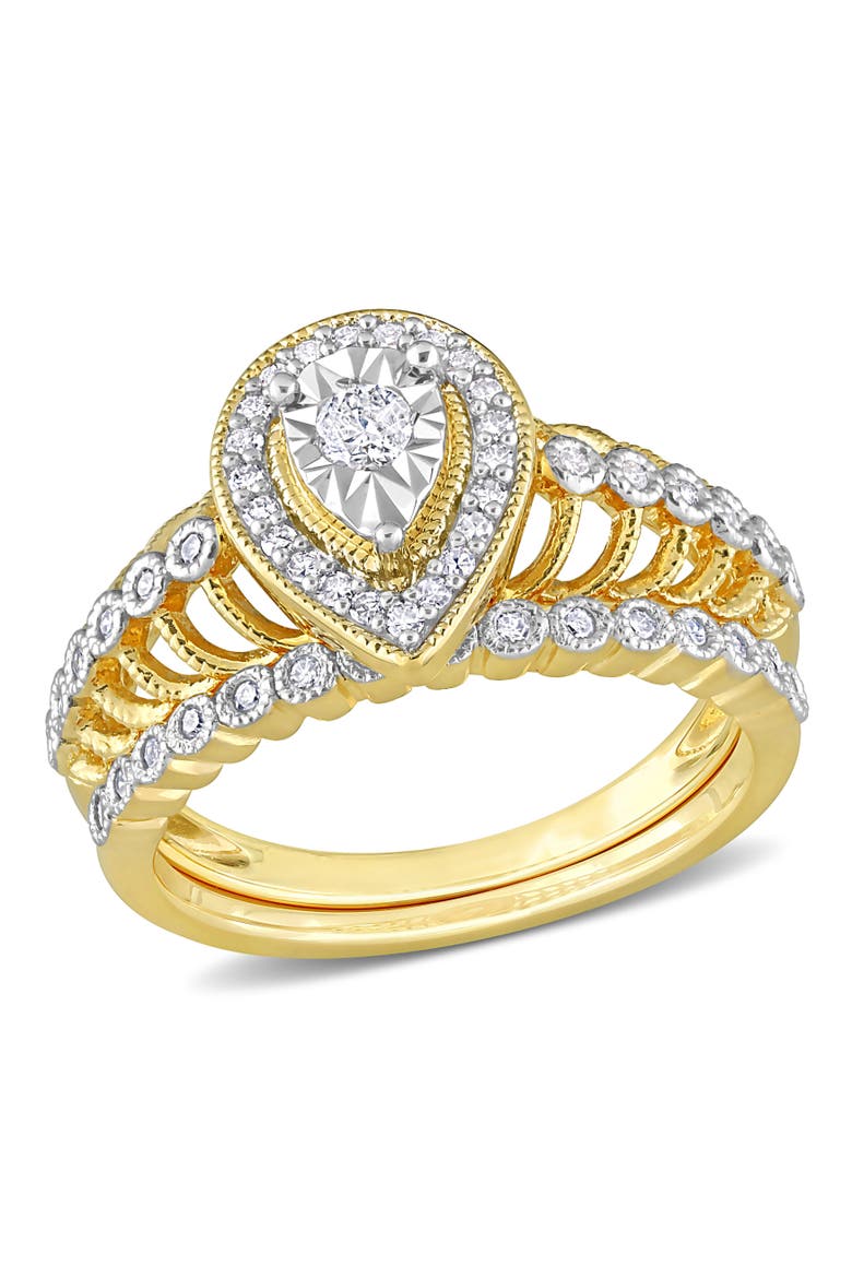 Diamond Halo Teardrop Bridal Ring Set, Main, color, Yellow-Plated Sterling Silver