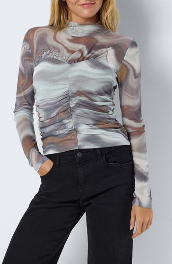 Noisy May Judith Ruched Mesh Top In Ghost Gray Aop Deser