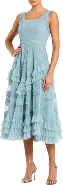 Mac Duggal Petite Scoop Neck Sleeveless Mesh Micro Ruffle Midi Dress