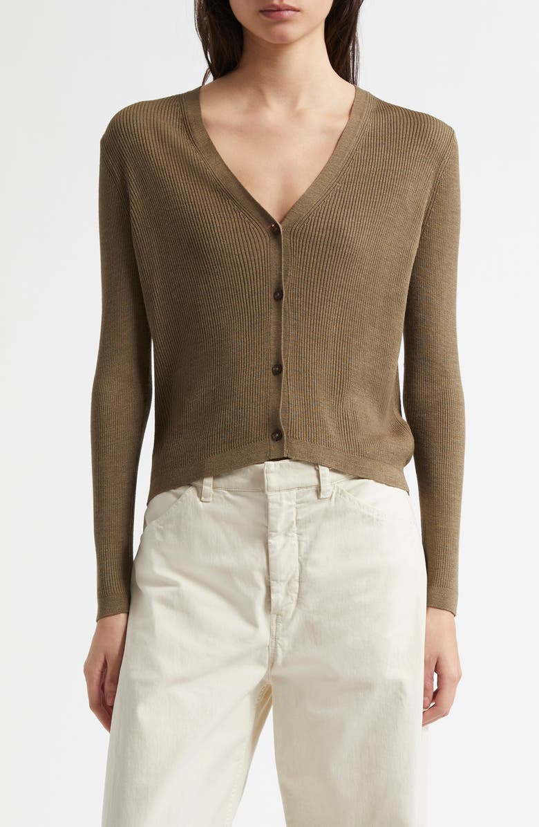 Nili Lotan Nari Silk Rib Cardigan, Main, color, Military Green