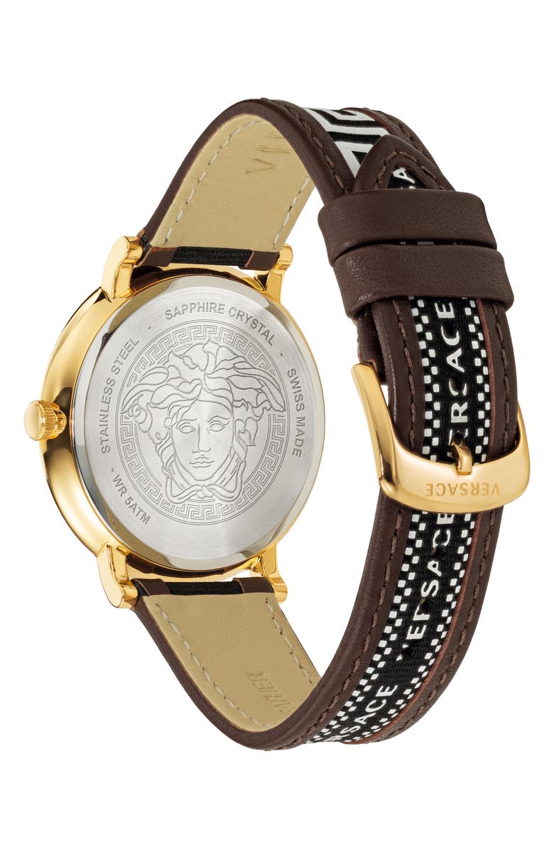 Versace V Circle Greca Leather Strap Watch, 42mm, Alternate, color, 
