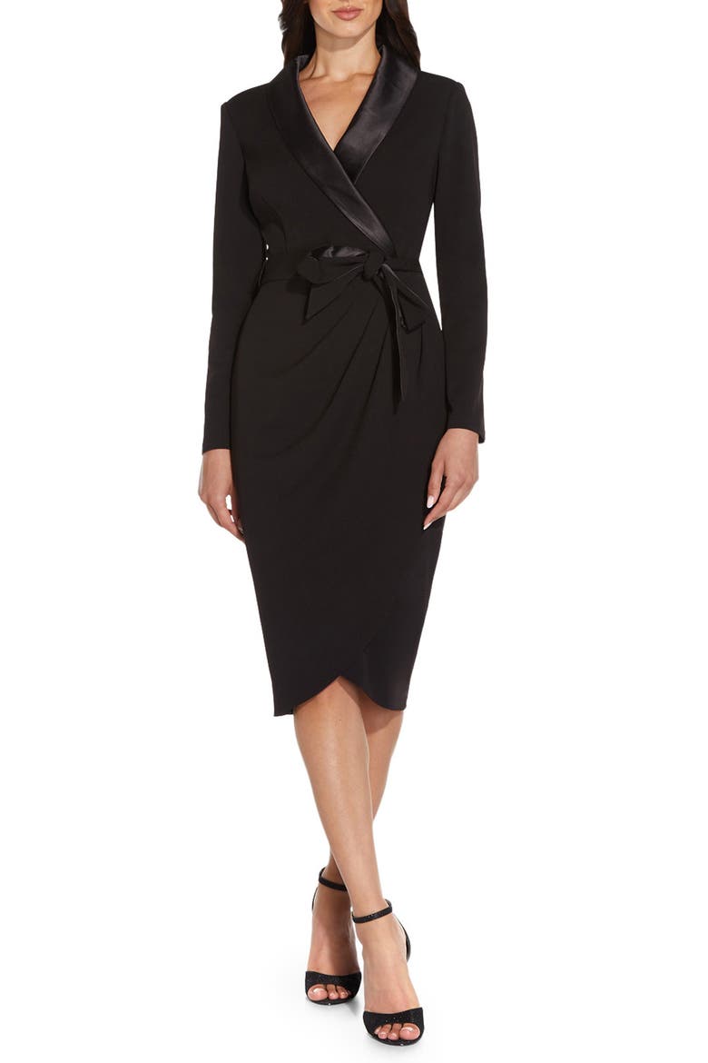 Long Sleeve Crepe Tuxedo Dress, Main, color, BLACK