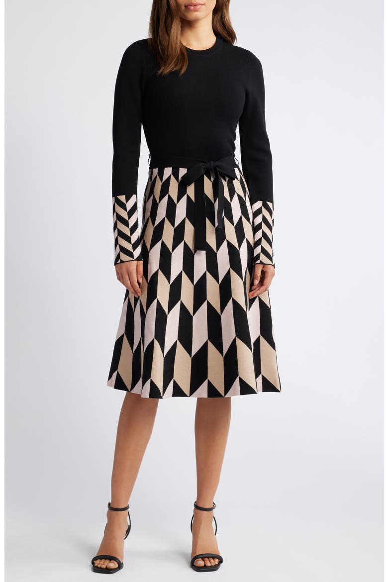 Fit & Flare Long Sleeve Sweater Dress, Main, color, BLACK TAUPE