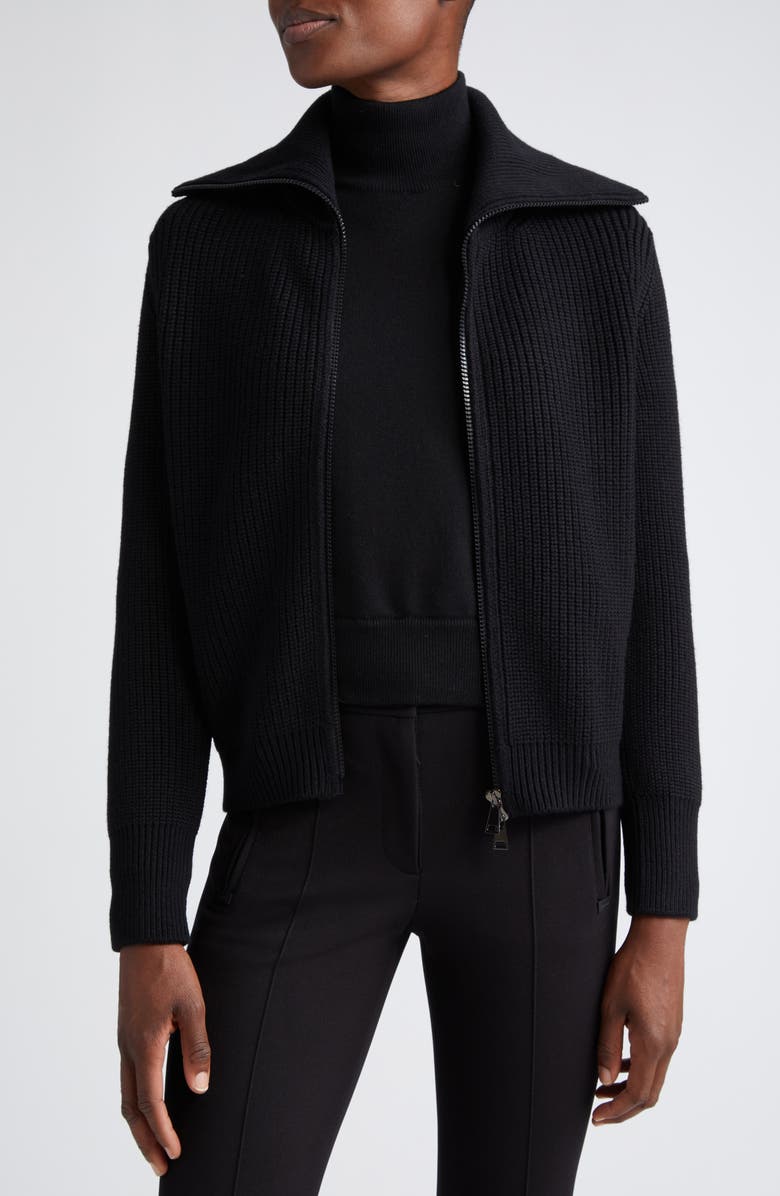 Moncler Rib Wool Cardigan with Removable Down Bib, Alternate, color, Black