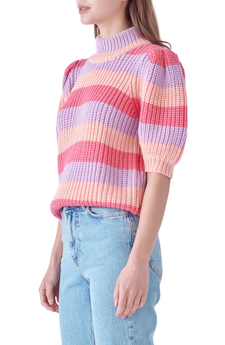 English Factory Stripe Puff Shoulder Mock Neck Sweater, Alternate, color,