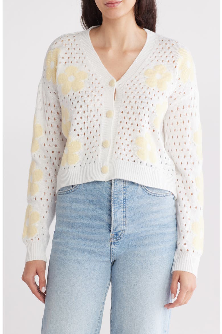 Floral Open Stitch Cardigan, Main, color, IVORY/ YELLOW