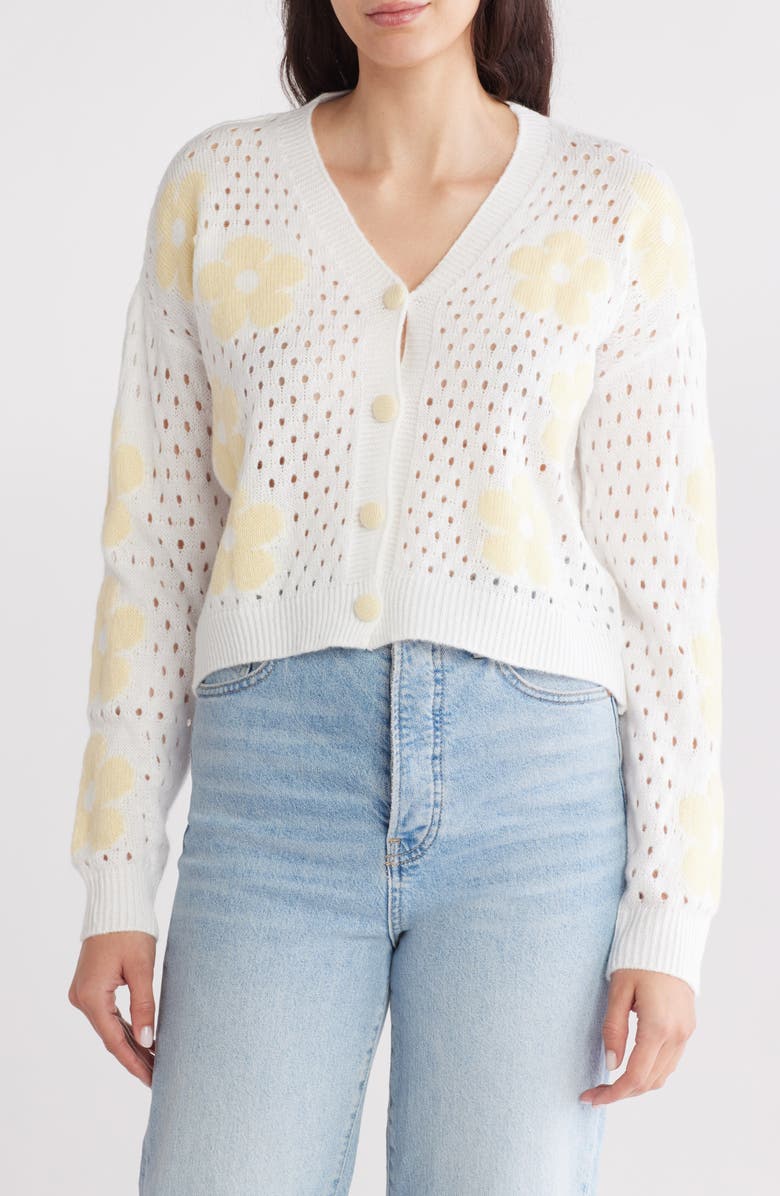 Forgotten Grace Floral Open Stitch Cardigan, Main, color, Ivory/ Yellow