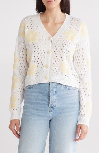 Forgotten Grace Floral Open Stitch Cardigan In Ivory/yellow