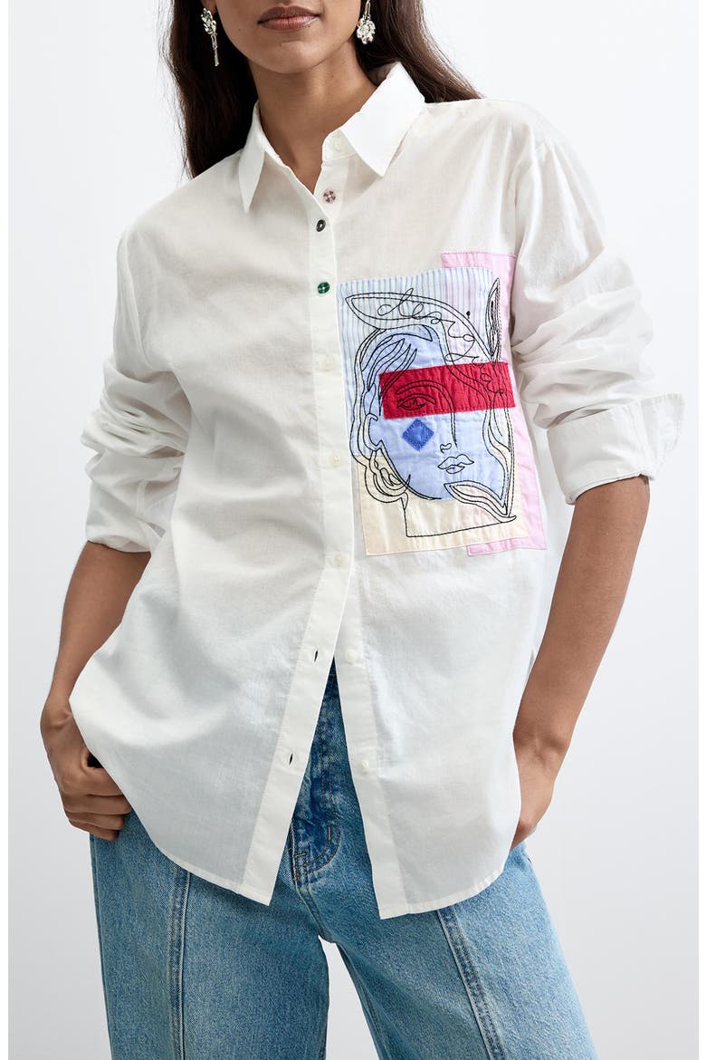 Embroidered Patch Cotton Button Down Shirt, Main, color, WHITE