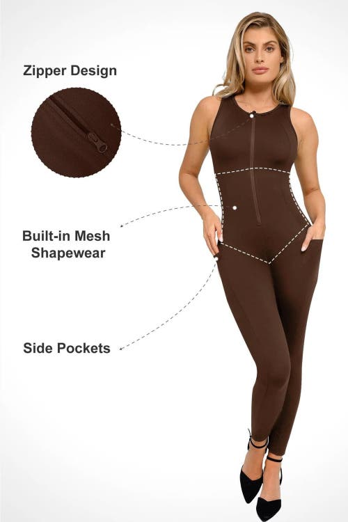 Popilush Shapewear Sleeveless Body-sculpting Zip Front Jumpsuit In Dark Caramel