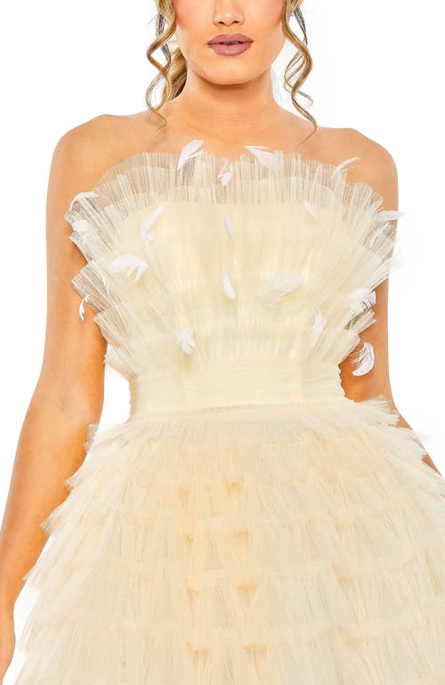 MAC DUGGAL MAC DUGGAL FEATHERED STRAPLESS TULLE FIT AND FLARE DRESS