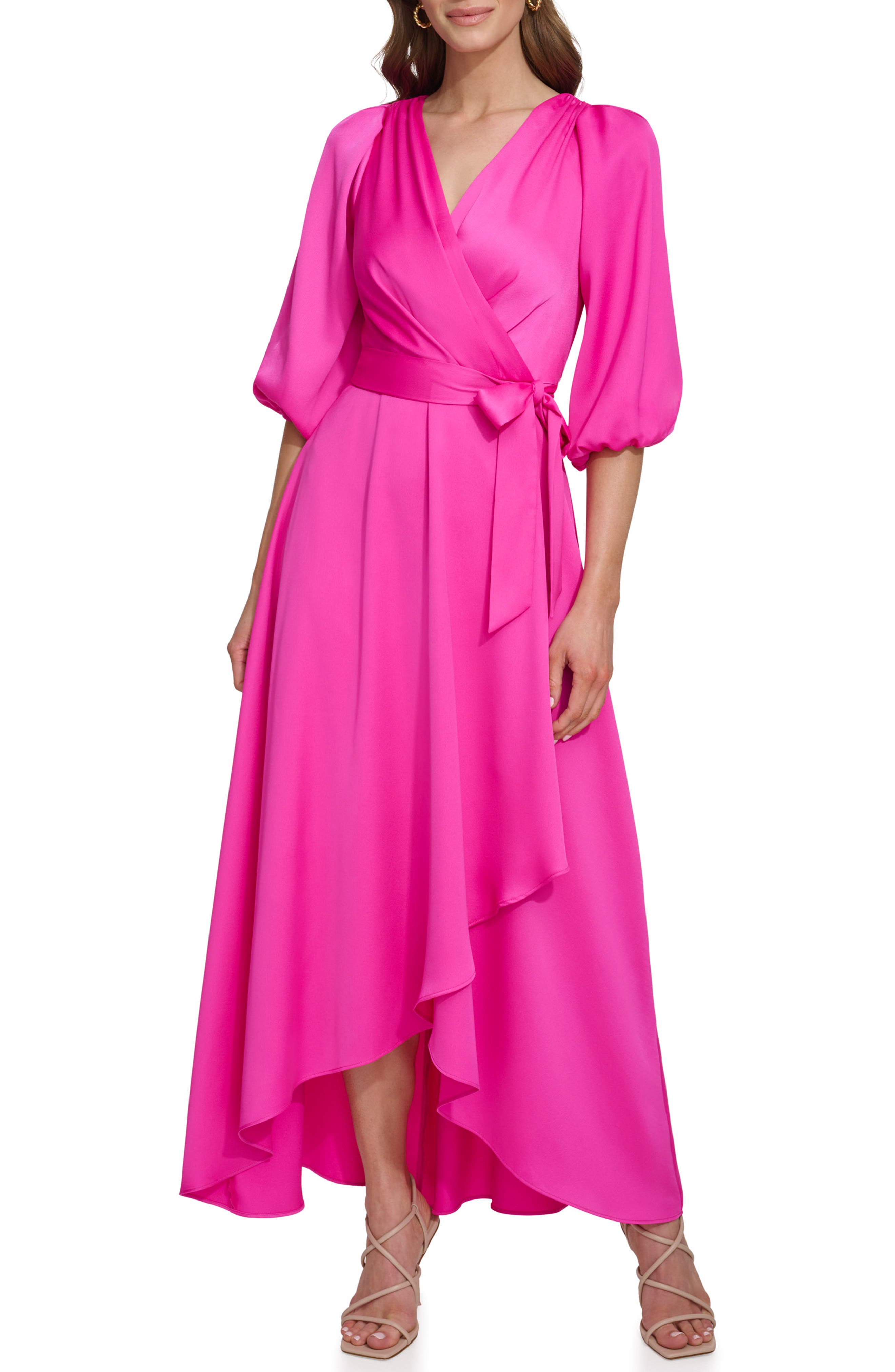 Balloon Sleeve Faux Wrap Maxi Dress