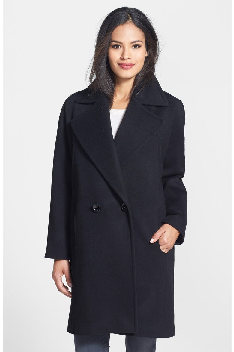 Double Breasted Lambswool Blend Coat, Main, color, BLACK