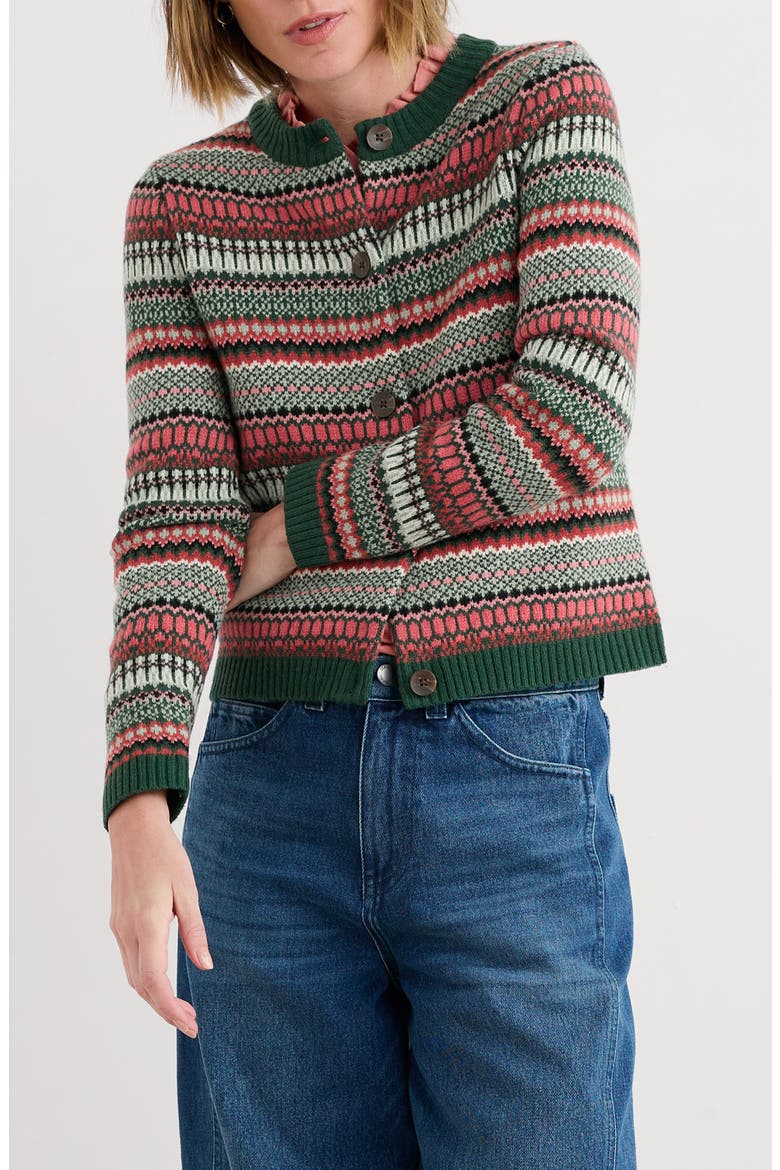 Percella Cove Fair Isle Merino Wool Blend Cardigan, Main, color, WEAVING NEEDLE DARK