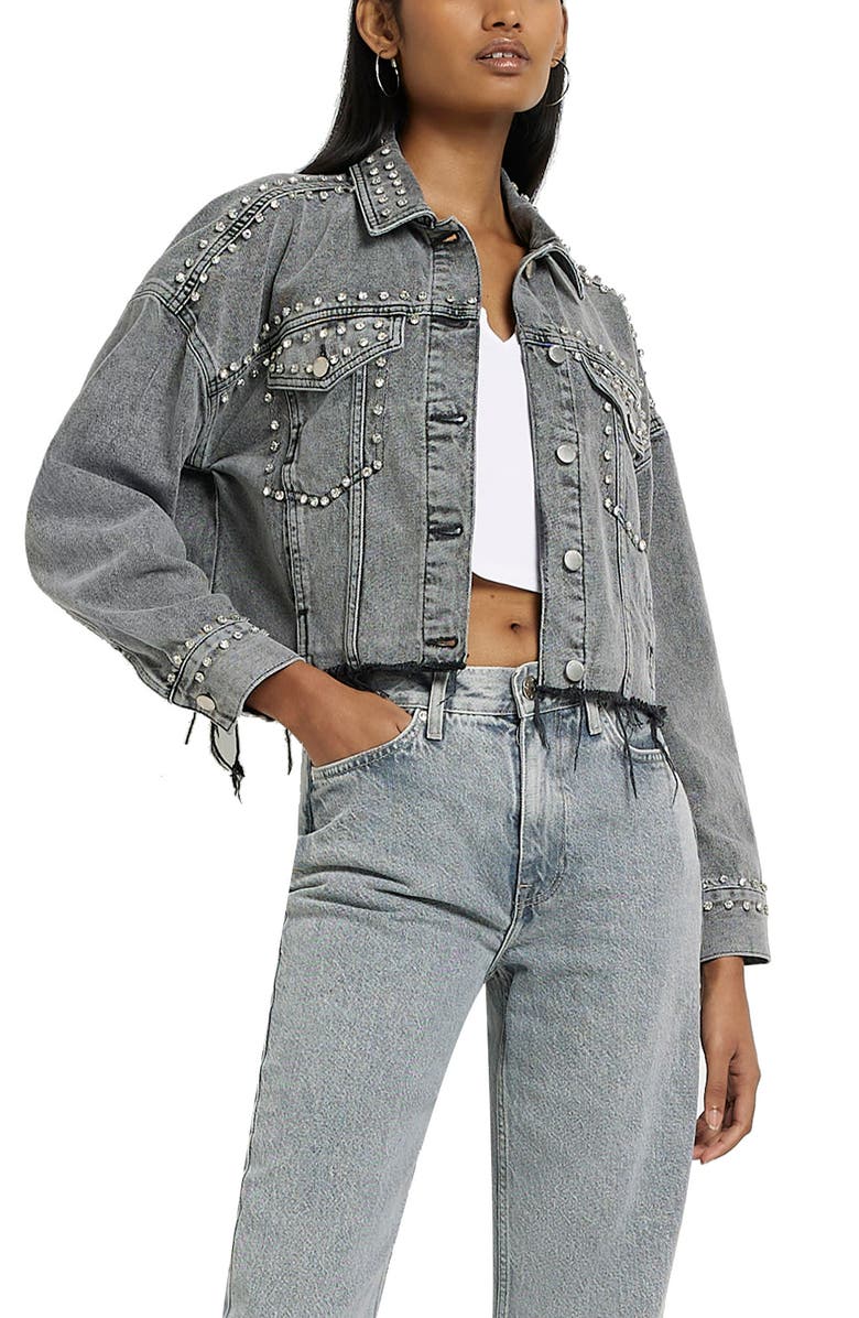 River Island Embellished Crop Raw Hem Denim Jacket, Main, color,
