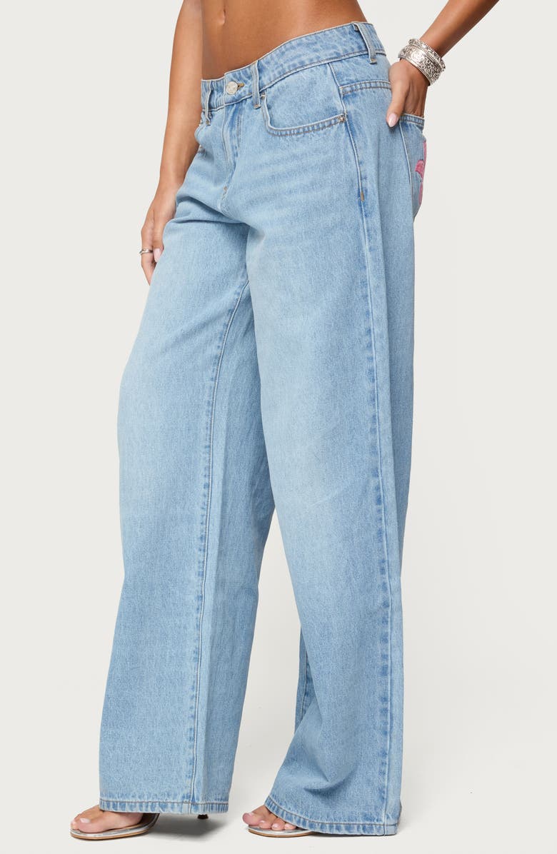 EDIKTED Mirra Flower Pocket Low Rise Wide Leg Jeans, Alternate, color, Blue