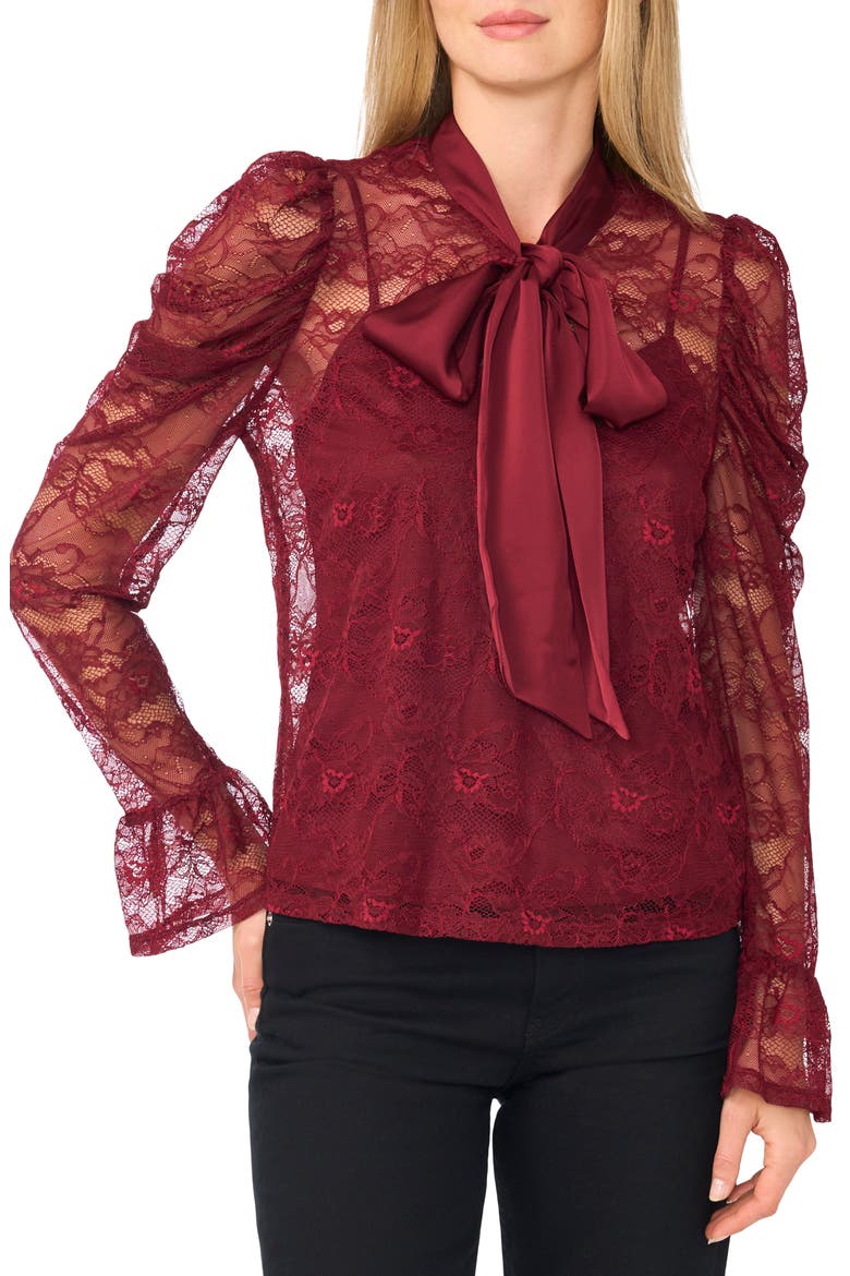 Lace Tie Neck Top, Main, color, CRISP MERLOT