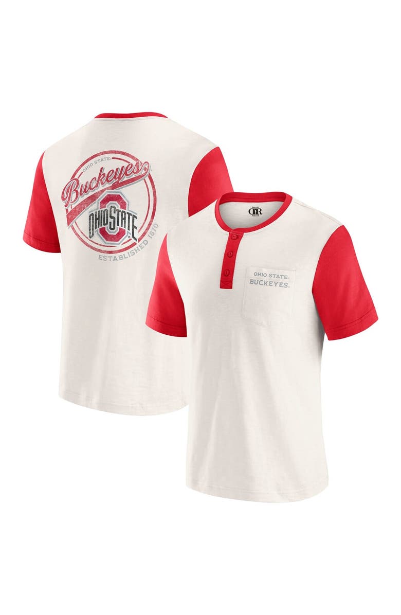 Darius Rucker Collection by Fanatics Men's Darius Rucker Collection by Fanatics Cream/Scarlet Ohio State Buckeyes Henley Color Block Slub T-Shirt, Main, color,