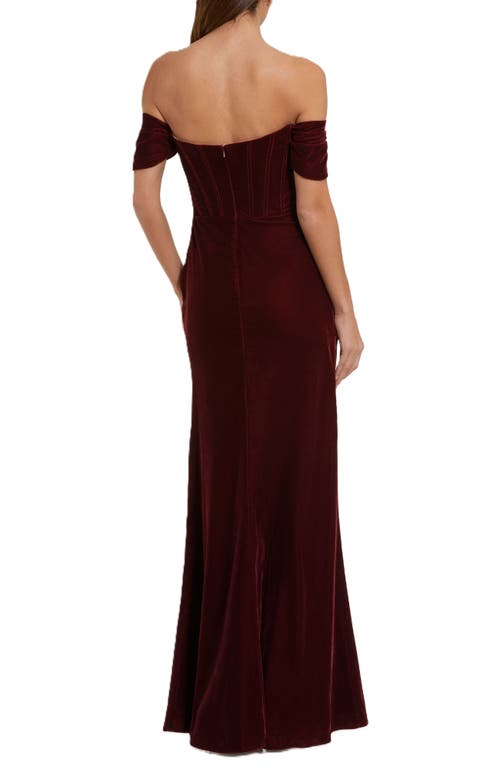 Mac Duggal Off The Shoulder Velvet Bustier Gown In Wine