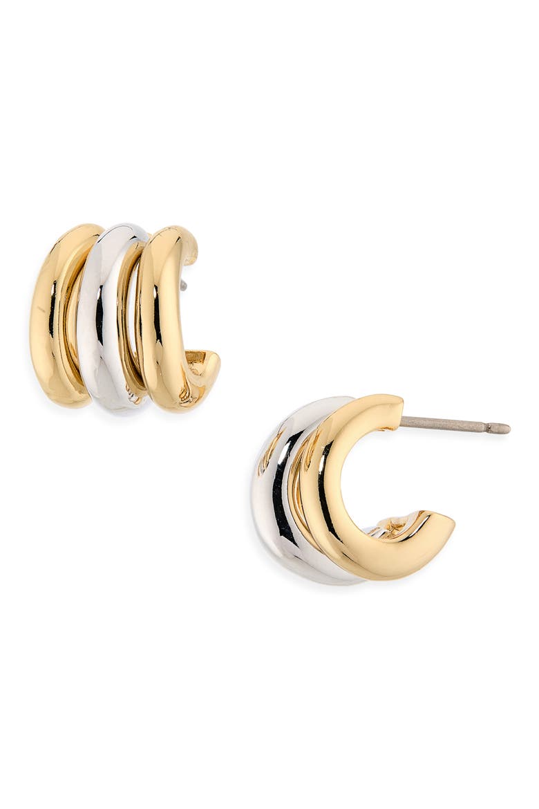 tiny twinkles two tone trio huggie hoop earrings, Main, color, GOLD SILVER